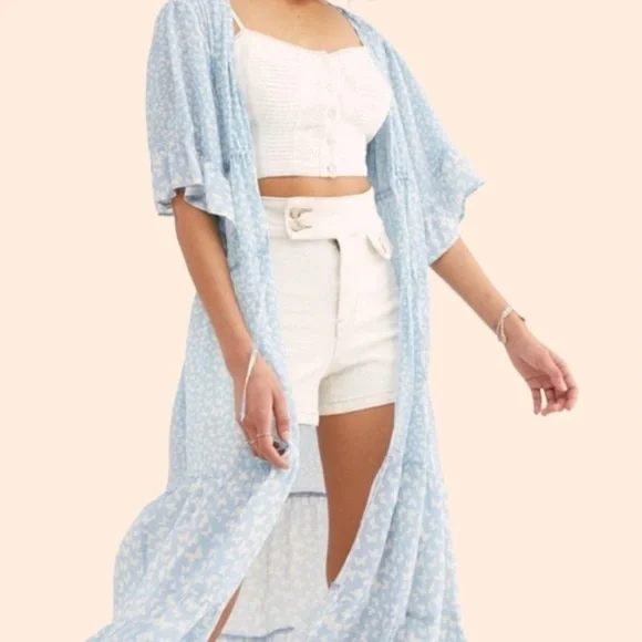 Free People RAHI Blue Butterfly Duster Kimono Size OS/ALL Beach Coverup - Picture 1 of 16